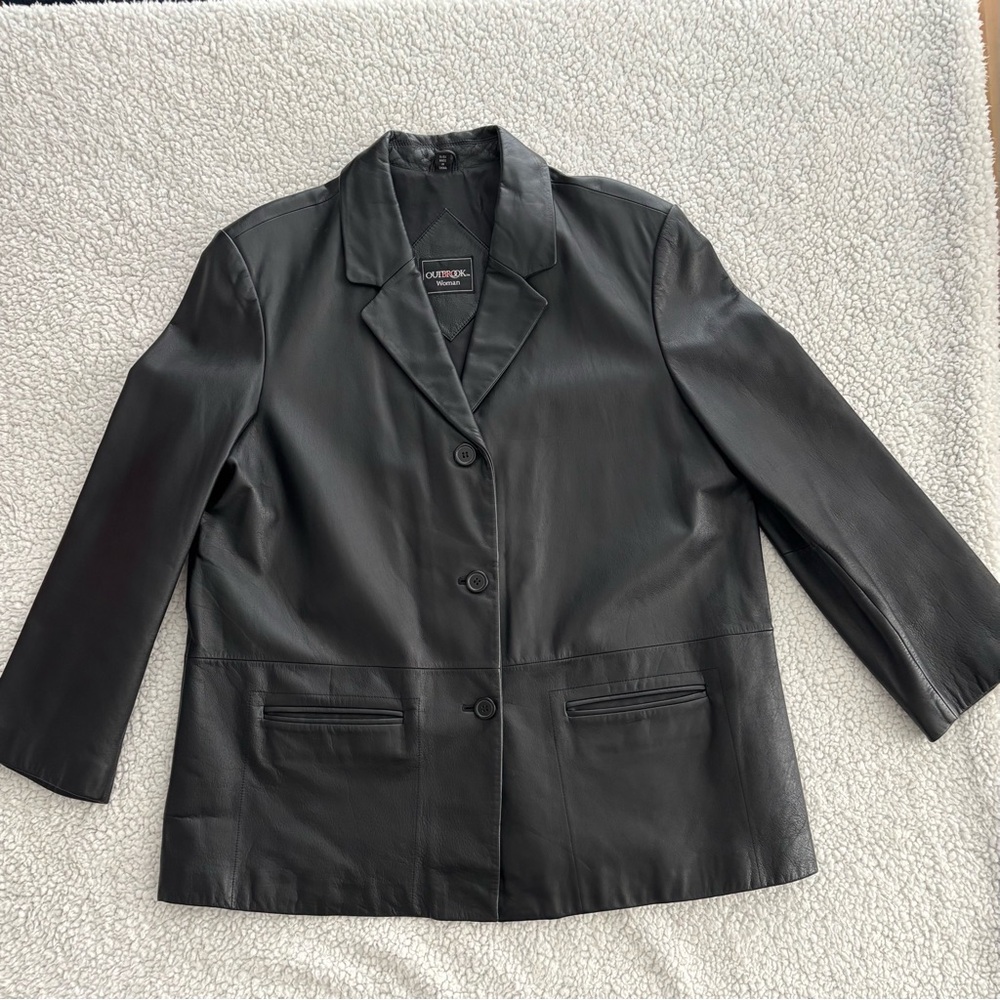 Outbrook Black Genuine Leather Blazer Women’s 1X ButtonFront Jacket Pocket